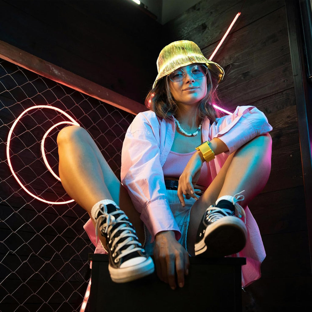 LED Rave Bucket Hat - 7 Colors Light Up Fisherman Hat, USB Rechargeable for Festivals & Parties