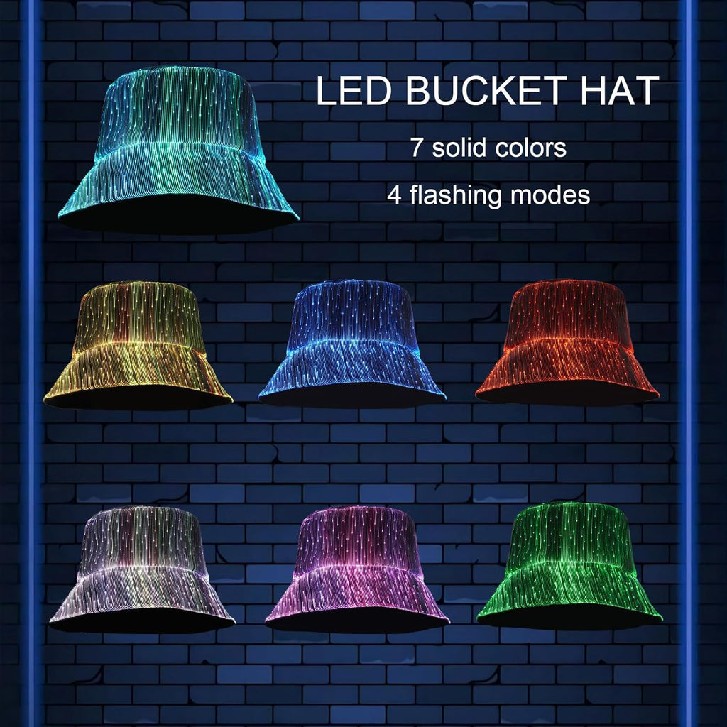 LED Rave Bucket Hat - 7 Colors Light Up Fisherman Hat, USB Rechargeable for Festivals & Parties