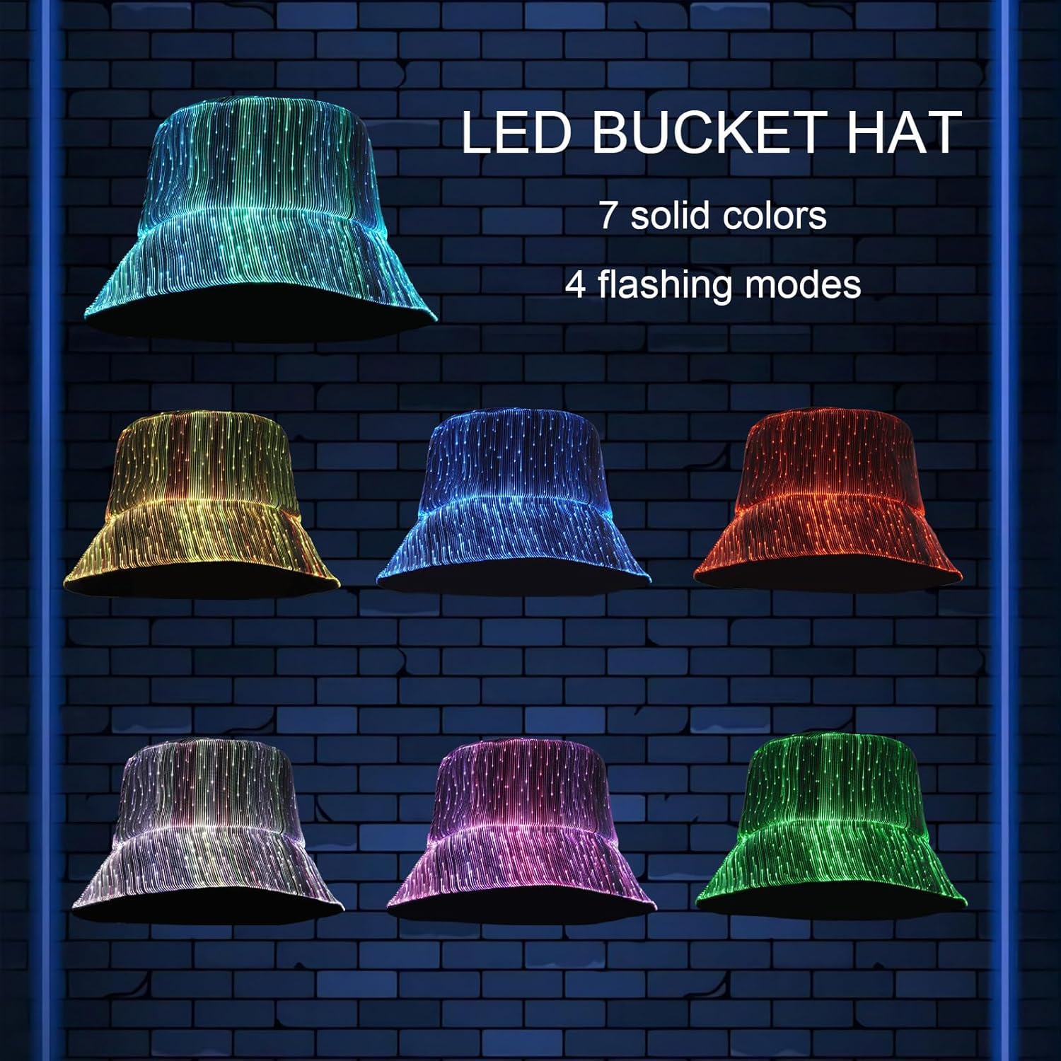LED Rave Bucket Hat - 7 Colors Light Up Fisherman Hat, USB Rechargeable for Festivals & Parties