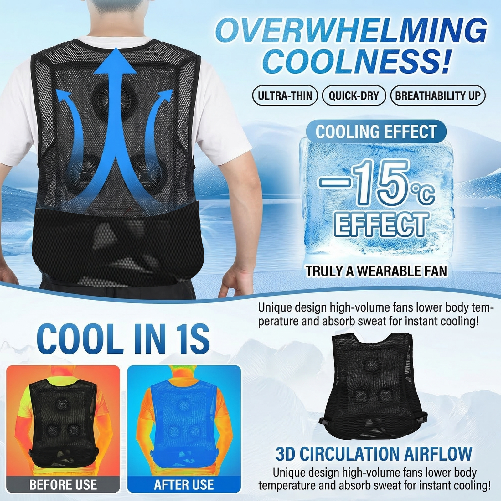 Triple-Fan Semiconductor Cooling Vest for Golf & Outdoor Sports
