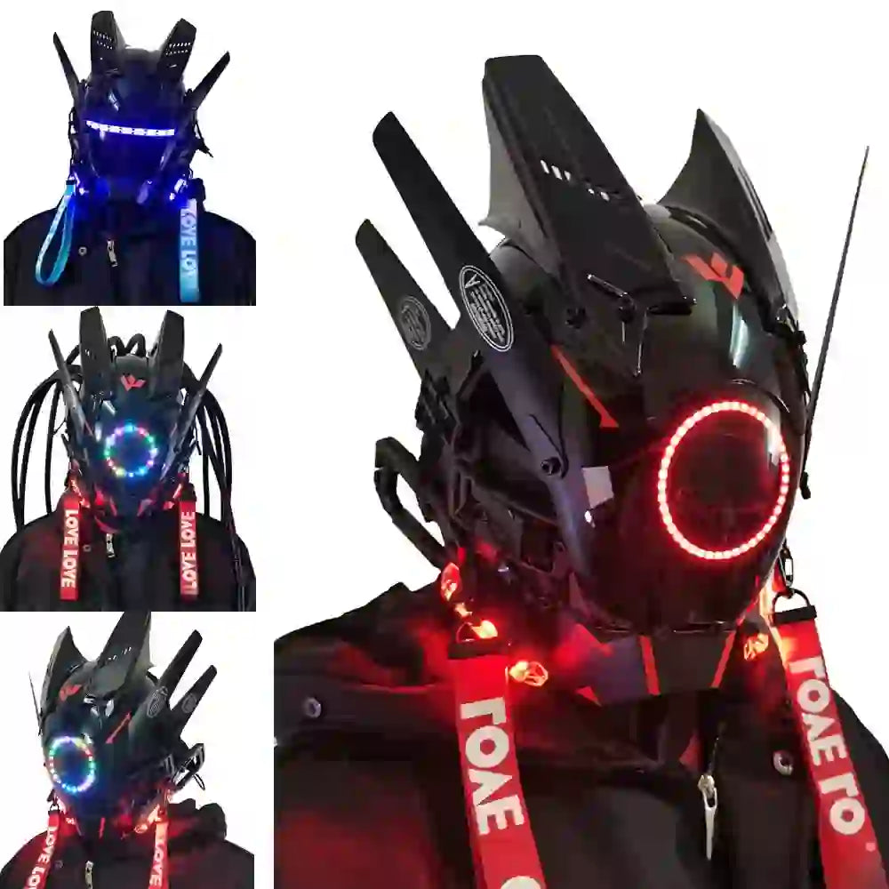 Techwear Punk Cosplay Mask for Men – Futuristic Light-up Helmet for Parties, Festivals & Halloween