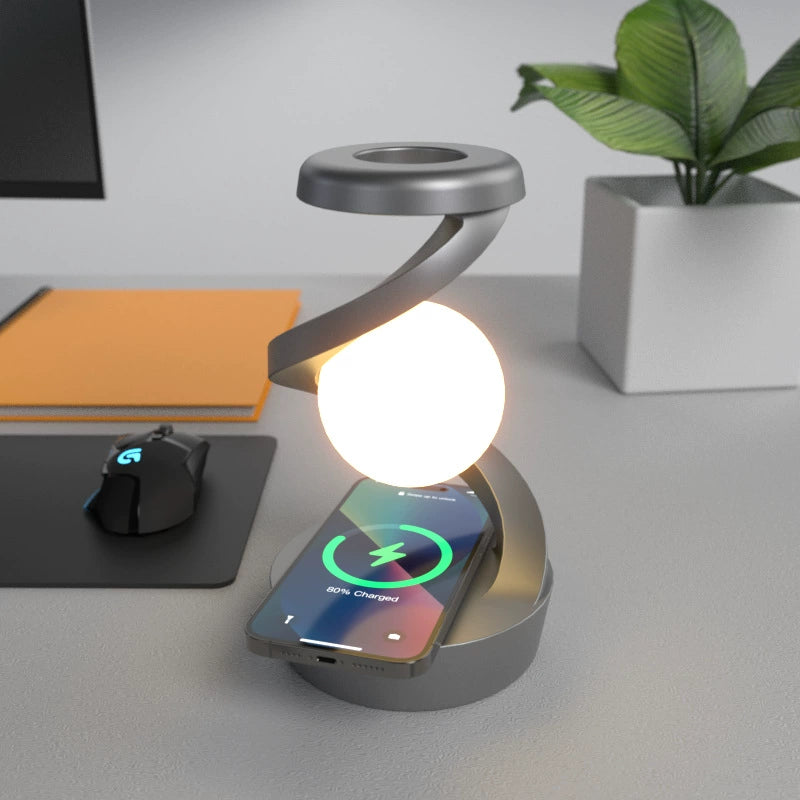 Floating Rotating LED Lamp with Wireless Charging – Modern Table Light